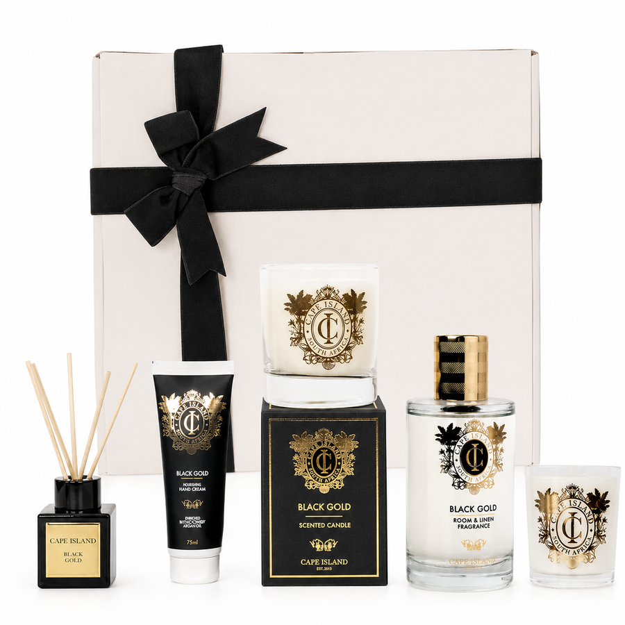 GRANDE GIFT: Black Gold Medium candle; Roomspray 100ml, 50ml unboxed Diffuser, mini candle & Hand Lotion