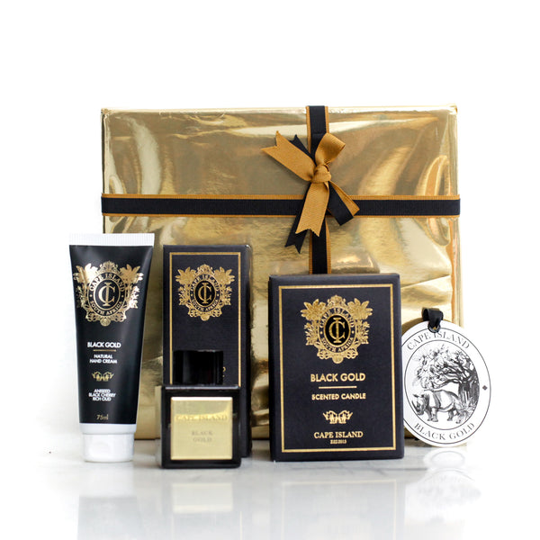GRANDE GIFT: Black Gold Medium candle; Hand Tube 75ml and Roomspray 100ml & 50ml unboxed Diffuser