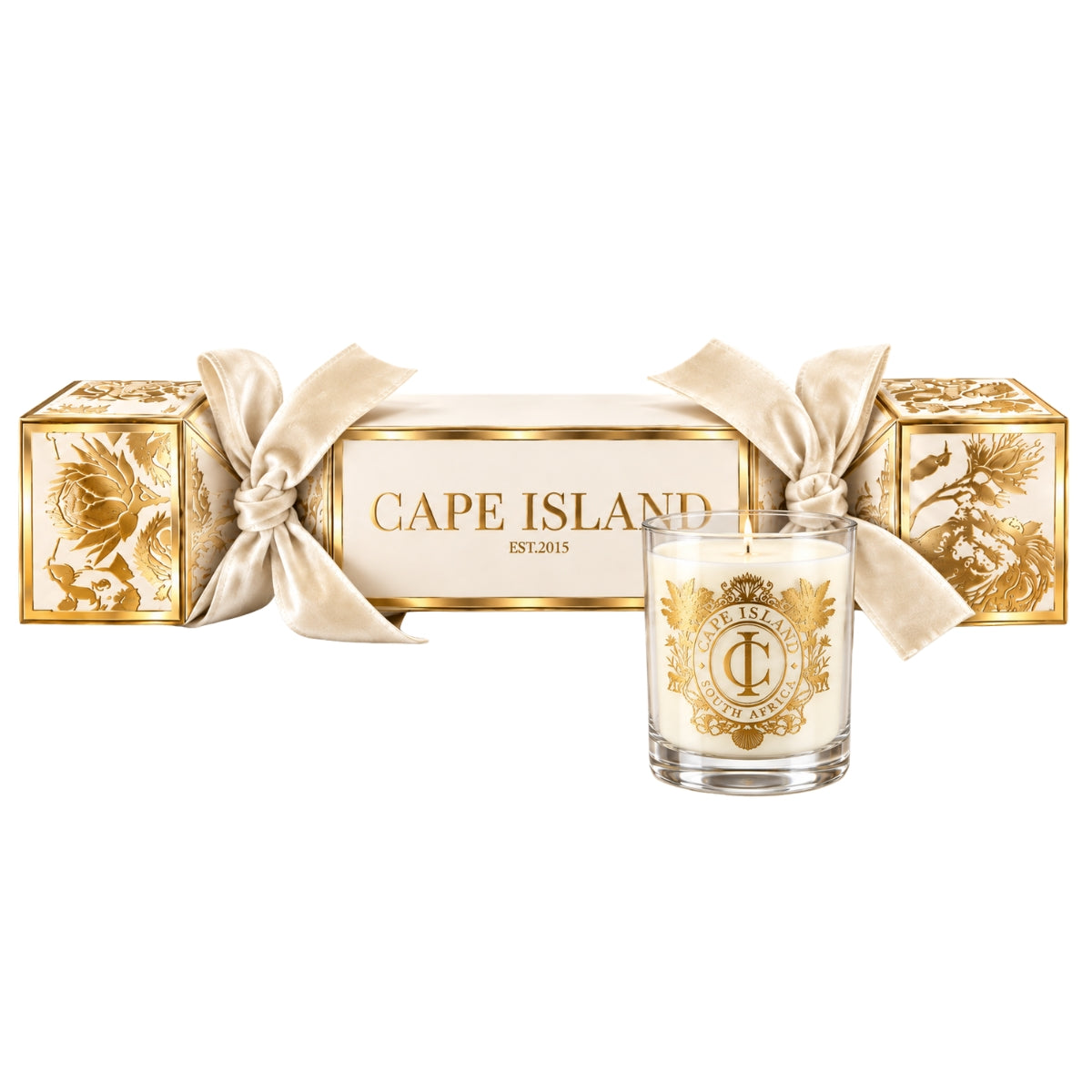 Cape Island Ivory & Gold Christmas Cracker with Mini Candle